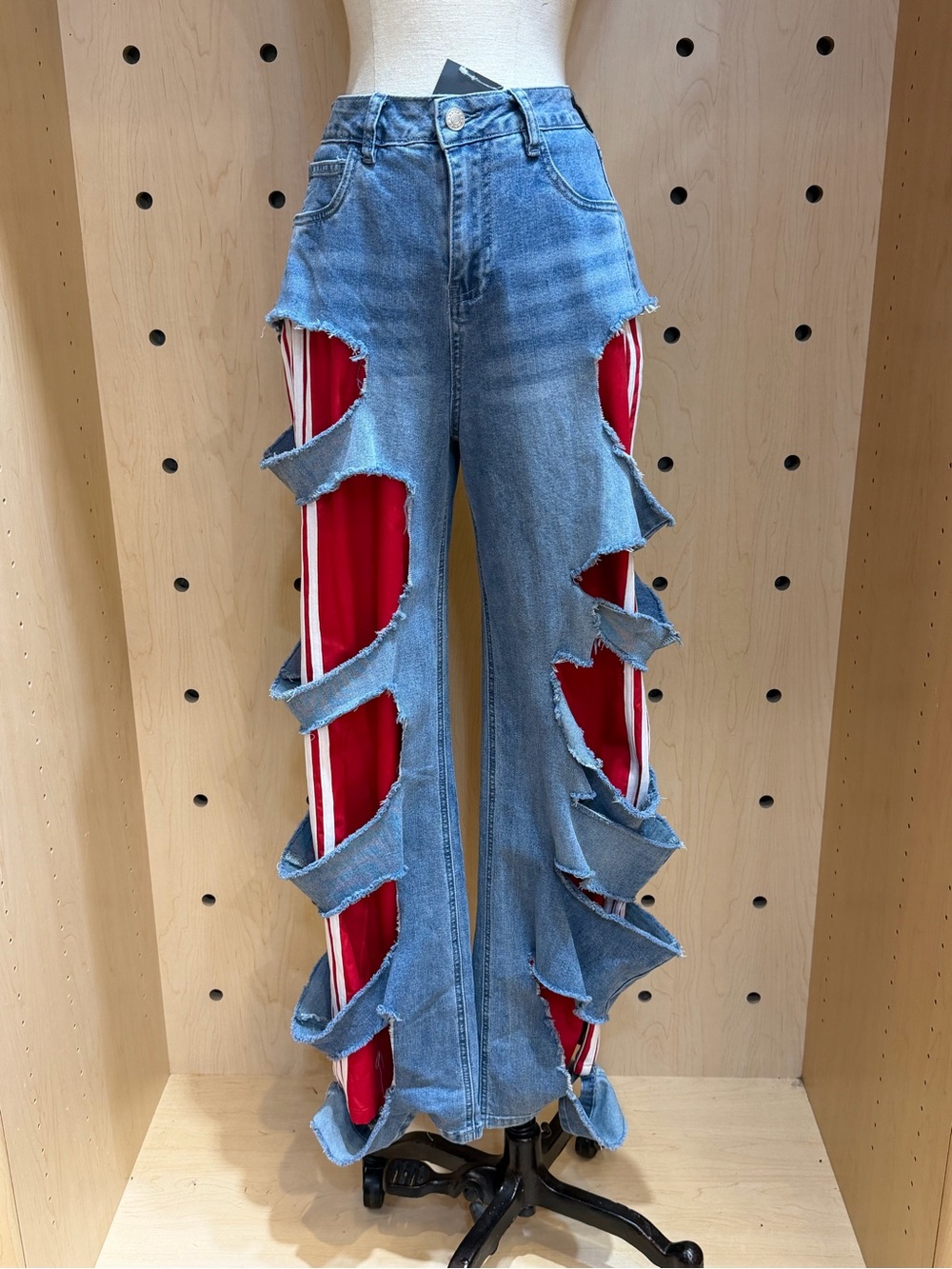 High-Rise Flare Jeans with Red Side Panels